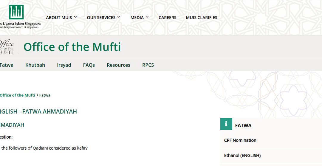FATWA AHMADIYAH (Singapore Government)