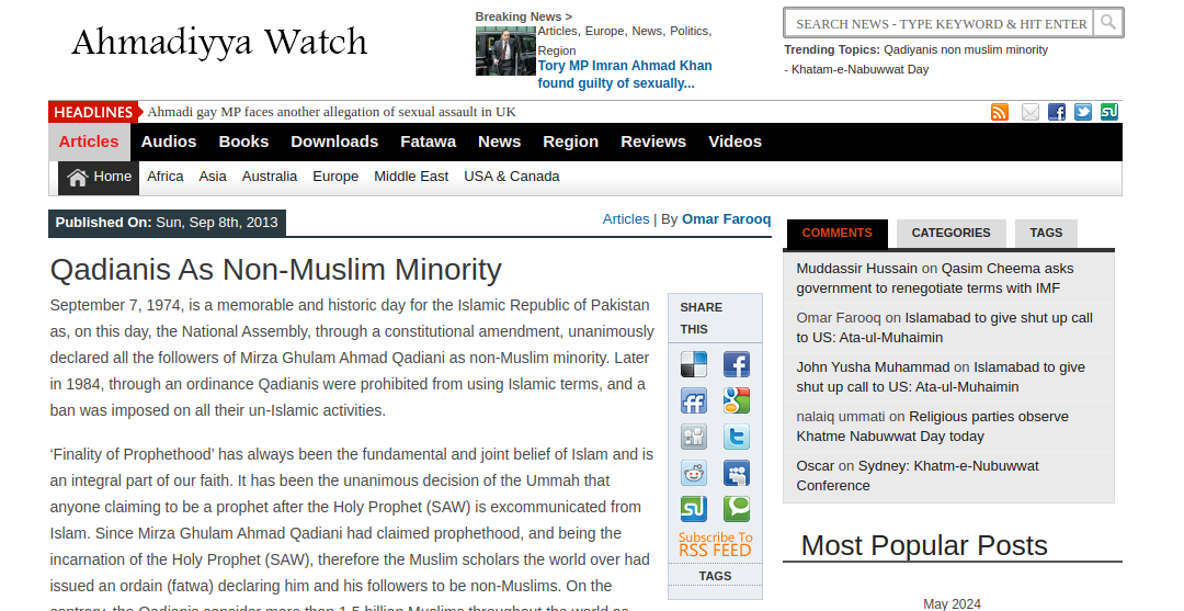 Qadianis As Non-Muslim Minority