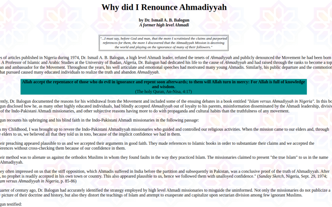 Why did I Renounce Ahmadiyyah